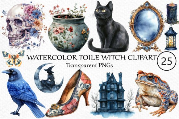 Download Watercolor Toile Witch Clipart Bundle - Premium Bundle